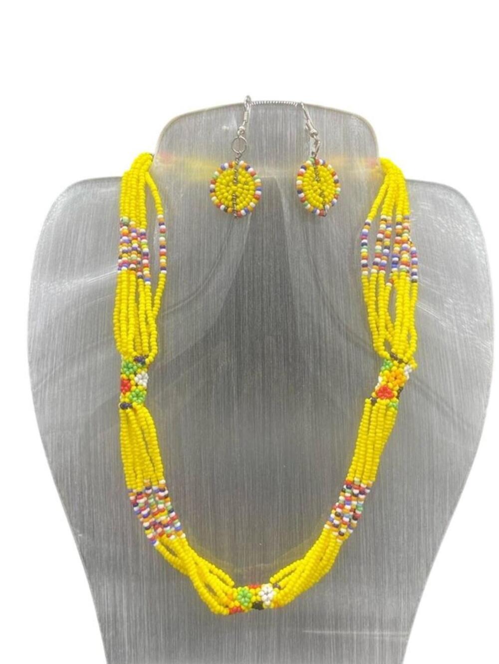 Yellow Maasai Multi Strand Beaded Necklace Earrings Set African Jewelry-New